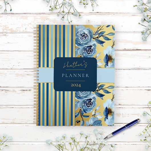 Elegant Blauw Goud Waterverf Bloemen Custom Jaarli Planner