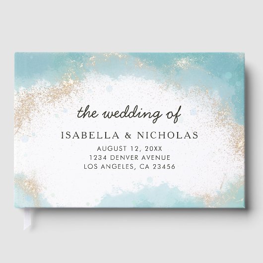 Elegant blauw goud Waterverf foto bruiloft Gastenboek (Voorkant)