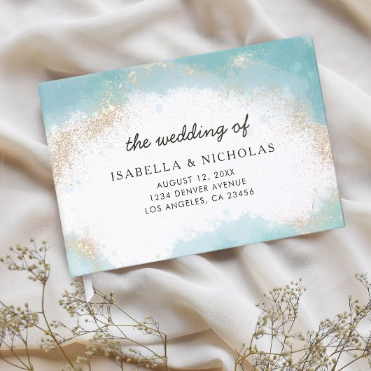 Elegant blauw goud Waterverf foto bruiloft Gastenboek