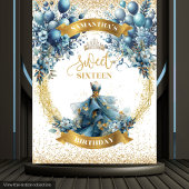 Elegant Blauw Goud Waterverf Sweet 16 Glitter Wandkleed