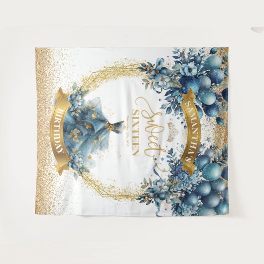 Elegant Blauw Goud Waterverf Sweet 16 Glitter Wandkleed (Voorkant (horizontaal))