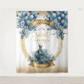 Elegant Blauw Goud Waterverf Sweet 16 Glitter Wandkleed (Voorkant)