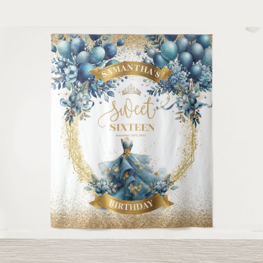 Elegant Blauw Goud Waterverf Sweet 16 Glitter Wandkleed (Voorkant)