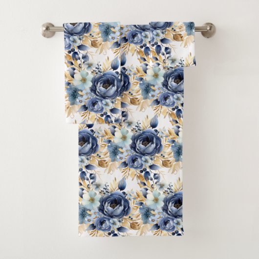 Elegant Blauw Goud Wit Bloemen Rozen Handdoek Set (Insitu)