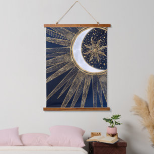 Elegant Blauw Goud Zon Maan Mandala Hangend Wandkleed