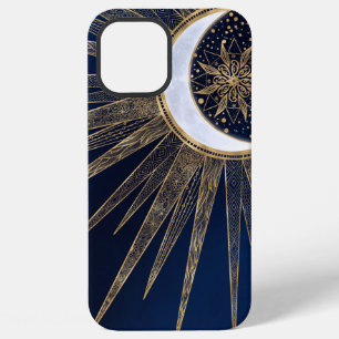 Elegant Blauw Goud Zon Maan Mandala iPhone 12 Pro Max Hoesje