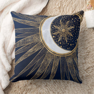 Elegant Blauw Goud Zon Maan Mandala Kussen
