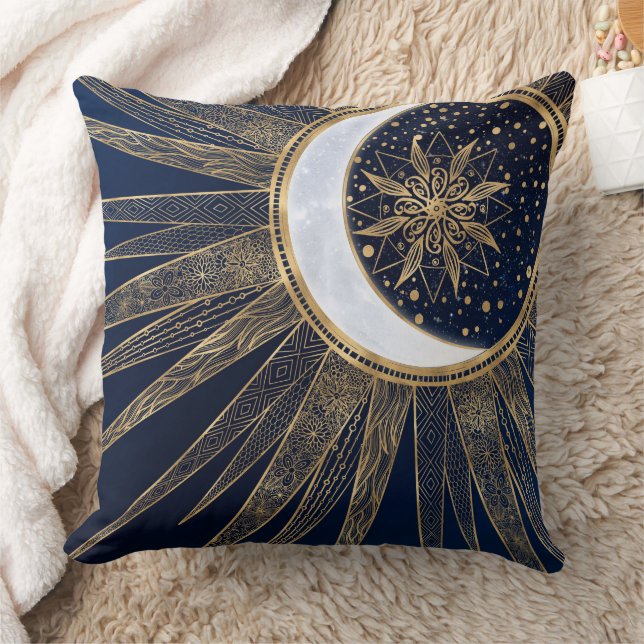 Elegant Blauw Goud Zon Maan Mandala Kussen (Deken)