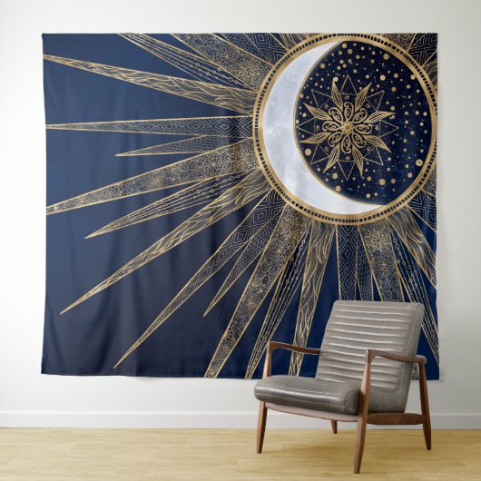 Elegant Blauw Goud Zon Maan Mandala Wandkleed (In Situ (horizontaal))