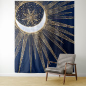 Elegant Blauw Goud Zon Maan Mandala Wandkleed (In situ)