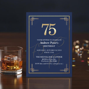 Elegant Blauw Gouden 75e Verjaardagsfeest Kaart