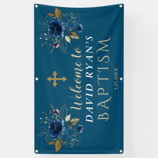 Elegant Blauw Gouden Bloemen Doop Welkomstbord Spandoek (Verticaal)