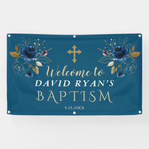 Elegant Blauw Gouden Bloemen Doop Welkomstbord Spandoek