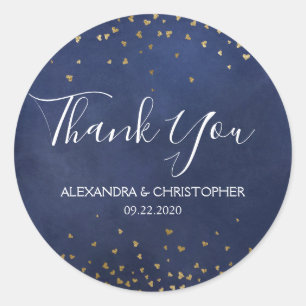 Elegant Blauw Gouden Folie Confetti Dank u Bruilof Ronde Sticker