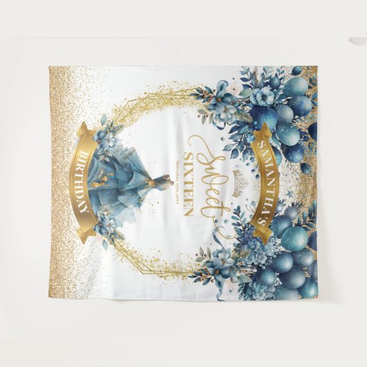 Elegant Blauw § Gouden jurk Sweet 16 Verjaardag Wandkleed (Voorkant (horizontaal))