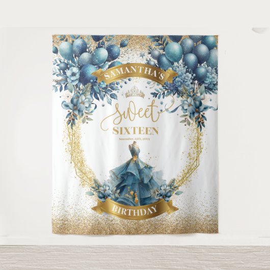 Elegant Blauw § Gouden jurk Sweet 16 Verjaardag Wandkleed (Voorkant)