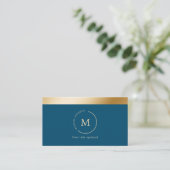 Elegant, Blauw, Gouden Streep, Cirkel, Monogram Visitekaartje (Staand voorkant)
