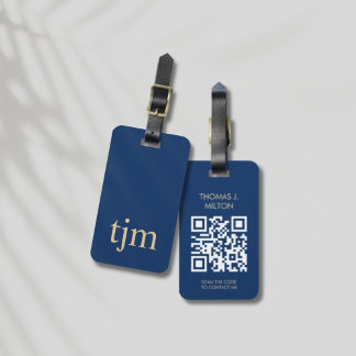 Elegant Blauw Gouden Vetgedrukte Monogram QR Code Bagagelabel
