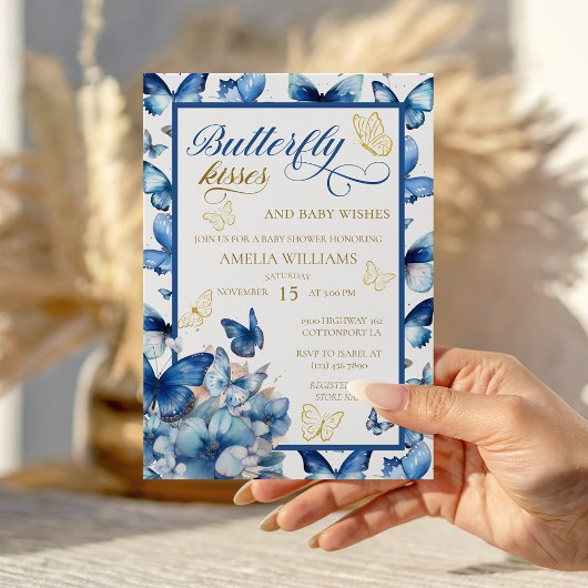 Elegant blauw gouden vlinder Baby shower Kaart