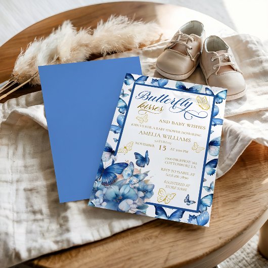 Elegant blauw gouden vlinder Baby shower Kaart