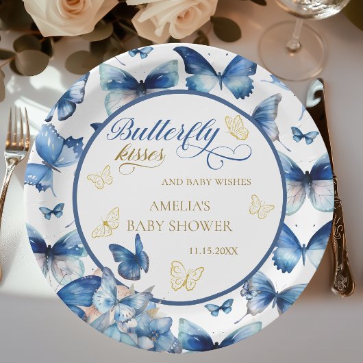 Elegant blauw gouden vlinder Baby shower Papieren Bordje