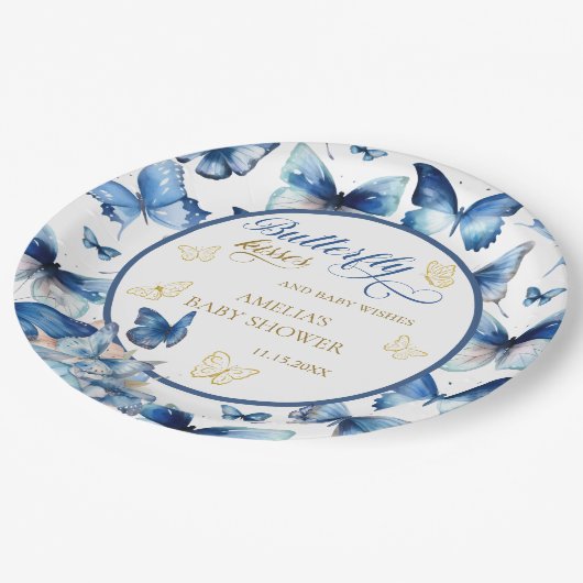 Elegant blauw gouden vlinder Baby shower Papieren Bordje (Gekanteld)