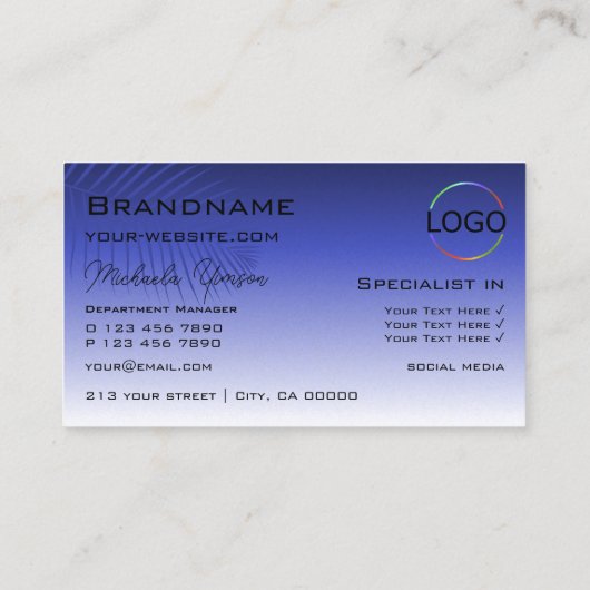 Elegant blauw gradiënt palmbladermonogram en Logo Visitekaartje (Achterkant)