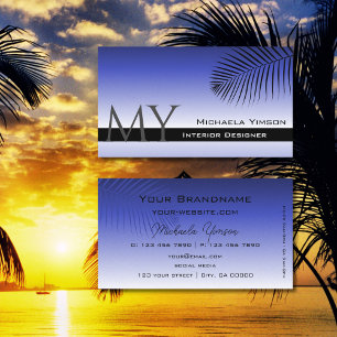 Elegant blauw gradiënt palmlef monogram eenvoudig visitekaartje
