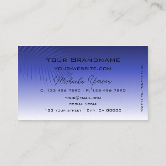 Elegant blauw gradiënt palmlef monogram eenvoudig visitekaartje (Achterkant)