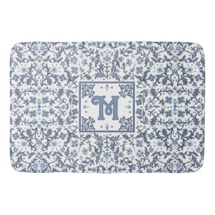 Elegant Blauw Grafisch Bloemmotief Monogram Badmat