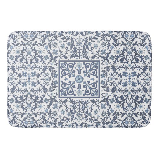 Elegant Blauw Grafisch Bloempatroon Badmat (Voorkant)
