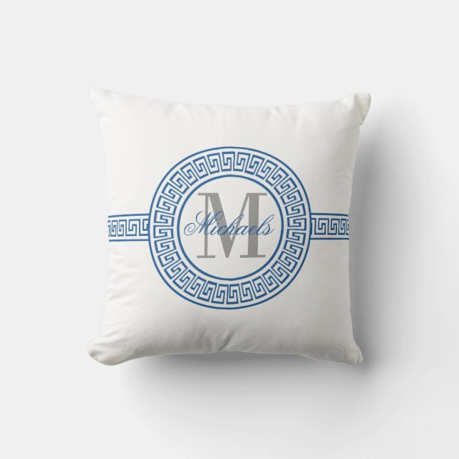 Elegant Blauw Grieks Sleutel Monogram Kussen (Voorkant)