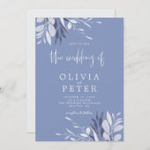 Elegant blauw grijs bladeren botanische bruiloft kaart (Voorkant / Achterkant)