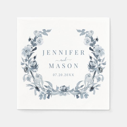 Elegant Blauw Grijs Bloemen Krans Trouwpapier Servet (Voorkant)