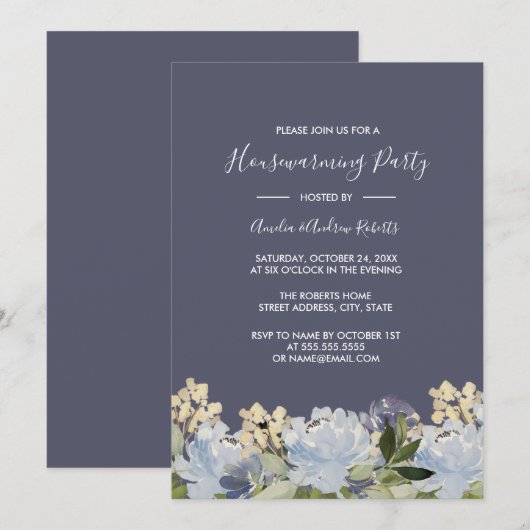 Elegant Blauw Grijs Bloemen Tuin Housewarming Kaart (Voorkant / Achterkant)