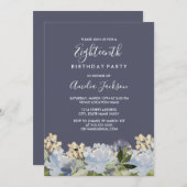 Elegant Blauw Grijs Bloemen Waterverf 18e Verjaard Kaart (Voorkant / Achterkant)