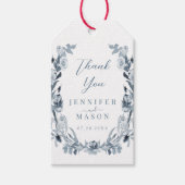 Elegant blauw grijs bloemenkrans bruiloft dank u cadeaulabel (Voorkant)