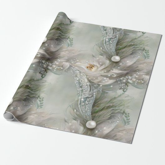 Elegant blauw, grijs en parelmoer swirls cadeaupapier (Uitgerold)