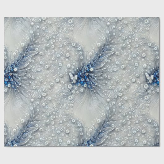 Elegant blauw, grijs en wit gevederd Bejeweled Cadeaupapier (Vlak)