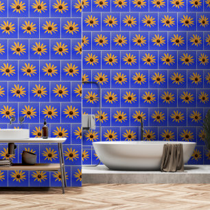 Elegant blauw grijs geel bloempjes vierkante Tegel Behang