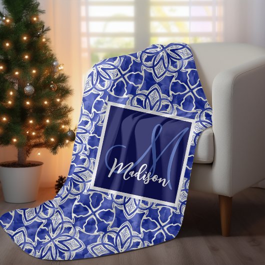 Elegant blauw grijs geometrisch naadloos monogram fleece deken