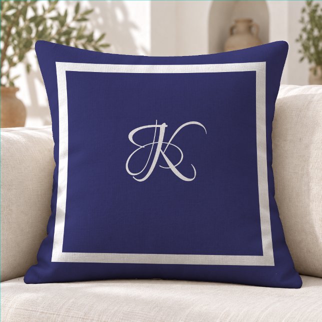 Elegant blauw grijs initiaal monogram kussen (Creator heeft geüpload)
