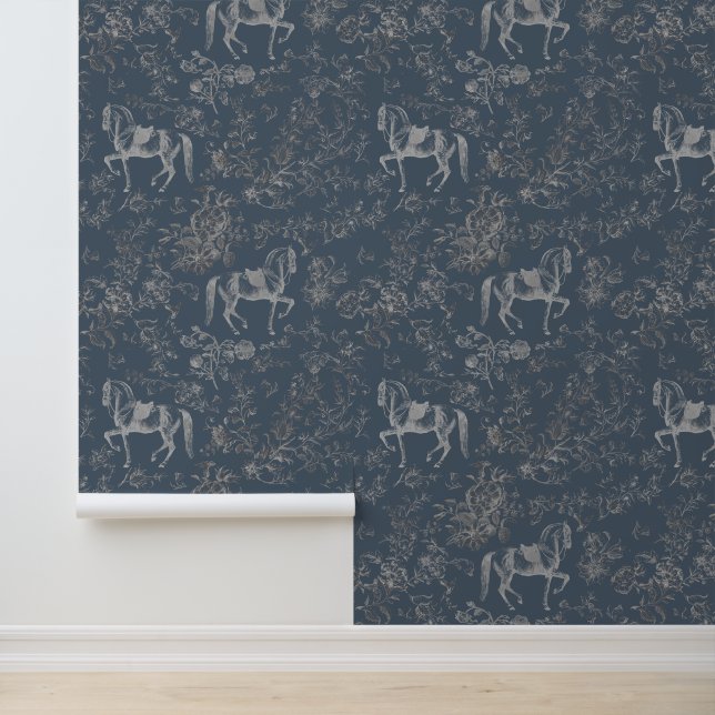 Elegant  Blauw Grijs Paard Bloemenpatroon Behang (Applicatie)