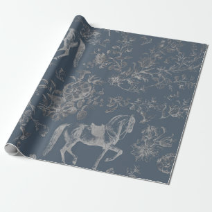 Elegant Blauw Grijs Paarden Bloemenpatroon Cadeaupapier