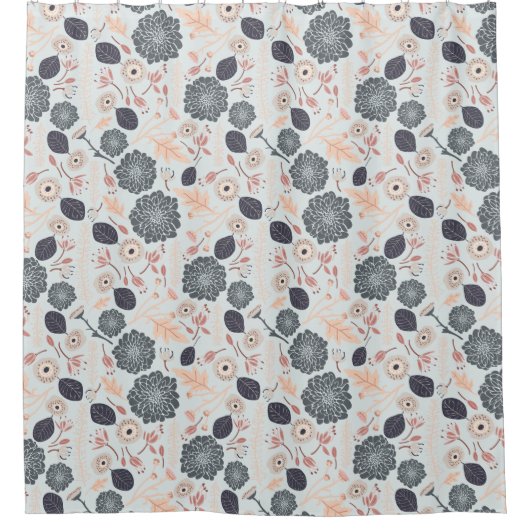 Elegant blauw grijs perzik bloemmotief douchegordijn (Voorkant)