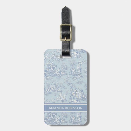 Elegant  blauw grijs toile de jouy bagagelabel (Voorkant verticaal)