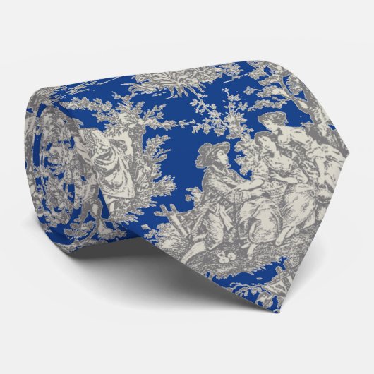 Elegant blauw grijs toile de jouy bedrukt stropdas (Opgerold)