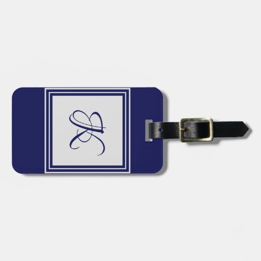 Elegant blauw grijs vierkant initiaal monogram bagagelabel (Voorkant horizontaal)