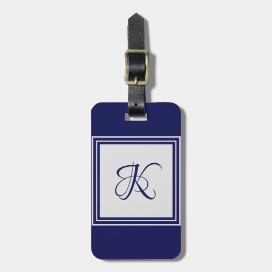Elegant blauw grijs vierkant initiaal monogram bagagelabel (Voorkant verticaal)