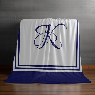 Elegant blauw grijs vierkant initiaal monogram fleece deken